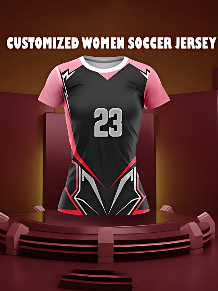 Women soccer jersey on display in a sports shop, showcasing various styles and team options